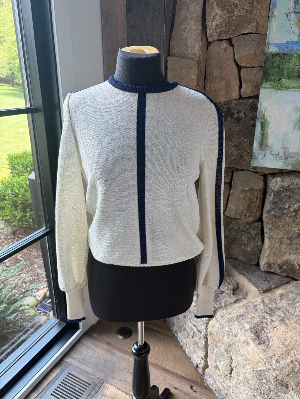 Vintage 80s Nautical Mod Knit Sweater Small Medium Ivory Navy